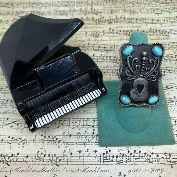 Guitar Heart Strings Turquoise Dark Silver ring - Picture 3 of 8